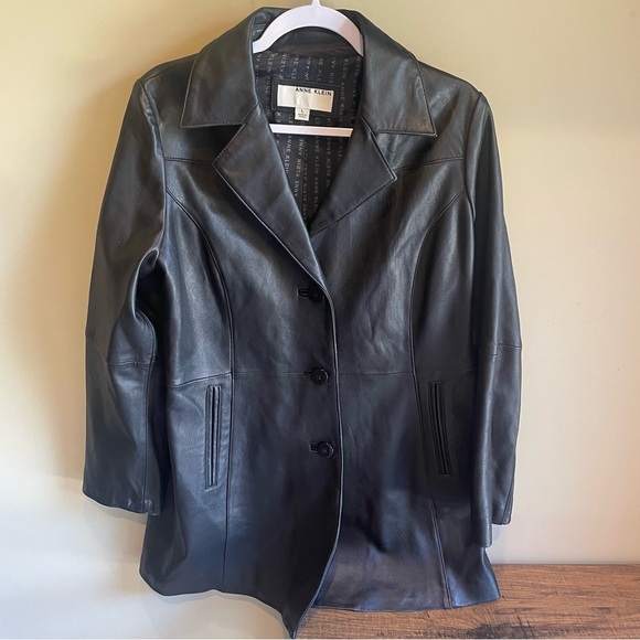 Anne Klein Womens Mid-Length Leather Coat Black Size L collared - Picture 1 of 10